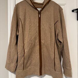 Womens 1X Liz Claiborne Beige Tan Full Zip Hooded Sweater Jacket Faux Suede Trim